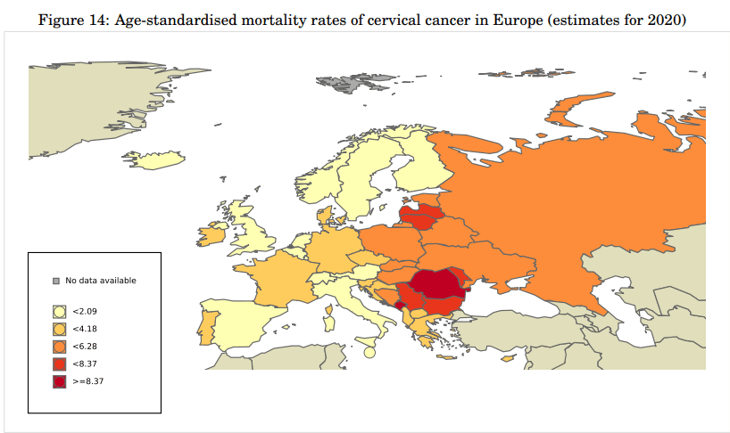 România are printre cele mai mari rate de mortalitate din cauza cancerului cervical din Europa. Foto: Human Papillomavirus and Related Diseases Report 2023 - www.hpvcentre.net