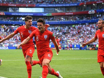 Maguire și bucuria de la primul gol al englezilor din sfertul cu Suedia.
Sursa foto: Fifa.com