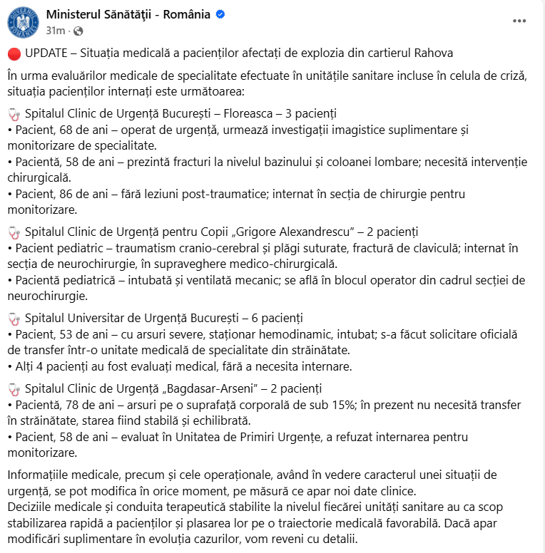 UPDATE – Situația medicală a pacienților afectați de explozia din cartierul Rahova