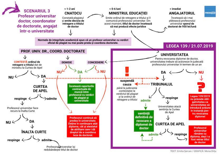 În acest scenariu există posibilitatea ca profesorul și universitatea la care acesta predă să acționeze către un obiectiv comun: anihilarea consecințelor ce decurg din ordinul de retragere a titlului de doctor. În cazul în care profesorul refuză să demisioneze, universitatea ar putea să declanșeze procedura administrativă pentru încetarea raporturilor de muncă – dar nu este obligată. De asemenea, nu este obligată să deschidă acțiune în instanță pentru revocarea diplomei. În acest scenariu, carențele legii îi permit profesorului să-și păstreze diploma și atestatul de abilitare, în virtutea căruia poate coordona teze de doctorat.