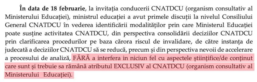 Fragment din Referatul de aprobare al proiectului ordinului de ministru: autorii susțin că nu interferează în niciun fel în procesul de analiză, însă obligă CNATDCU să analizeze integral toate tezele suspecte de plagiat, chiar dacă în sesizări sunt prezentate probe doar pentru anumite porțiuni. Deși experții CNATDCU au explicat ministrului că modificarea nu se justifică și ar îngreuna analiza sesizării, respingând-o cu 15 voturi împotrivă și 3 abțineri, Sorin Cîmpeanu a ignorat argumentele universitarilor și a păstrat prevederea în proiectul publicat pe site.