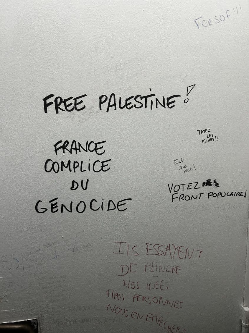 „Palestina liberă” sau „Taxați bogații! - scrie pe pereții și ușile băilor din universitățile franceze, inclusiv Sorbona.