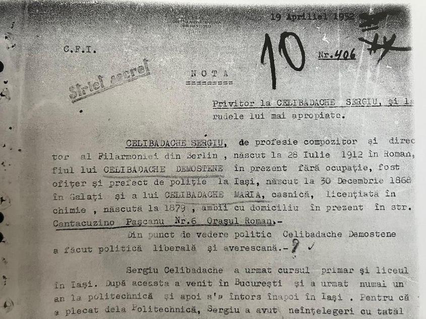 Notă din dosarul Direcției de Informații Externe cu privire la Sergiu Celibidache