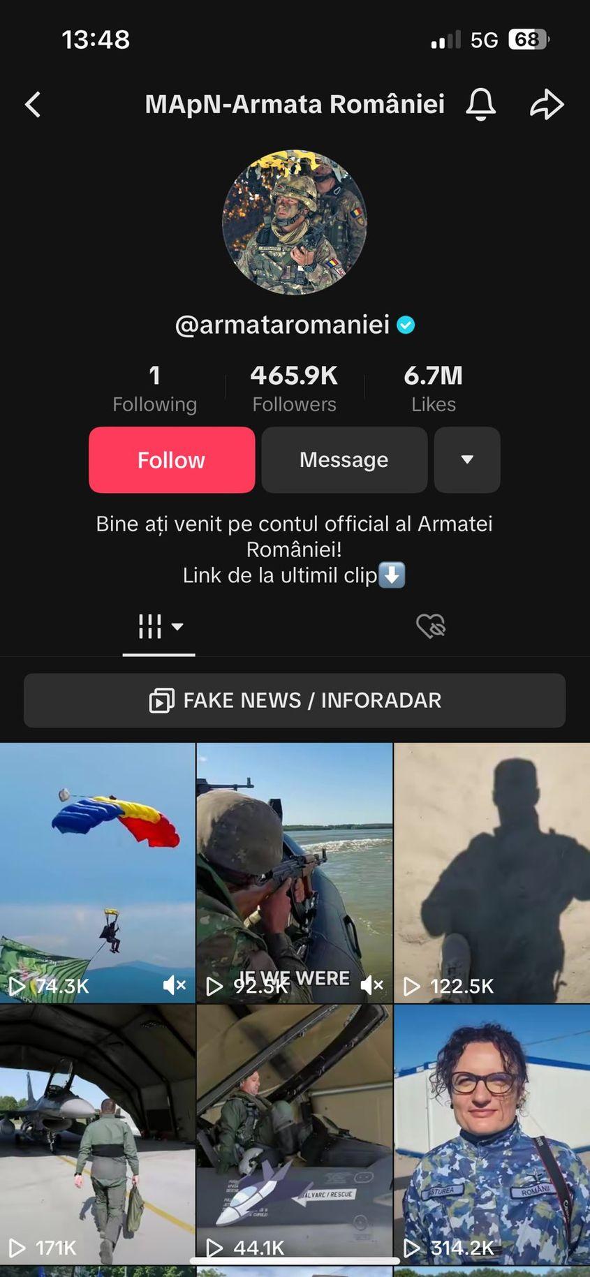 Ministerul Apărării are cont de TikTok, dar l-a suspendat în urma recomandării DNSC. Captură de ecran via TikTok