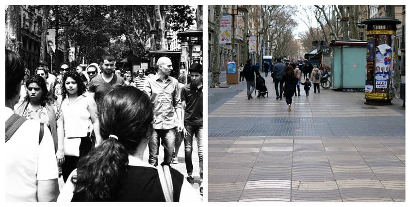 La Rambla, cel mai frecventat bulevard al Barcelonei, în zilele săptămânii e aproape pustiu. Duminica doar ce mai prinde un pic de viață.