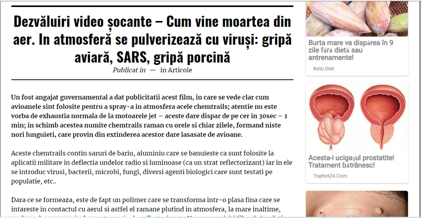 Materialul reia o teorie a conspirației care circulă în SUA a așa numitelor "chemtrails" FOTO captură site