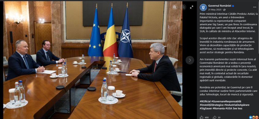 Cătălin Predoiu s-a întâlnit cu reprezentanții SIG Sauer încă din mai 2025, când ocupa fotoliul de premier interimar. Captură foto via Facebook