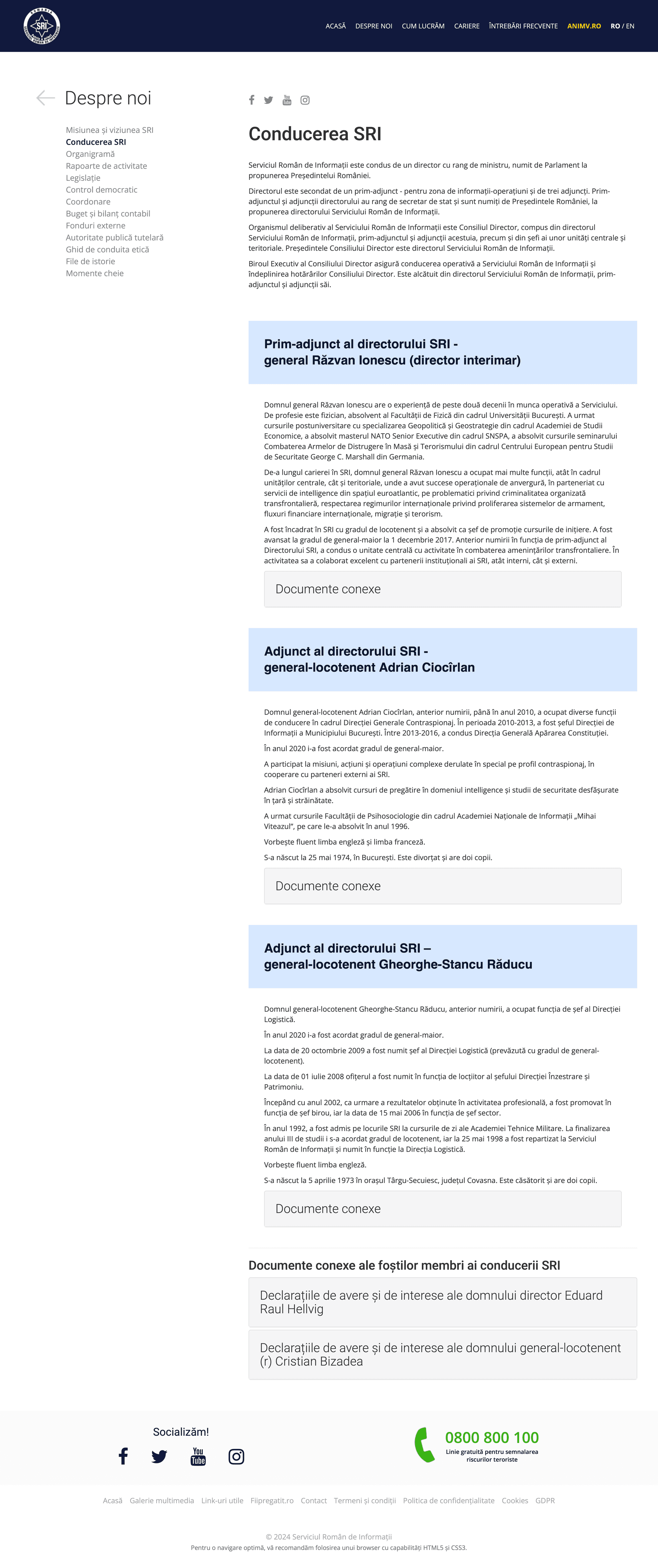 SRI nu a publicat pe site-ul propriu, în secțiunea intitulată „CONDUCEREA SRI”, fotografii ale celor trei generali care conduc serviciul de informații