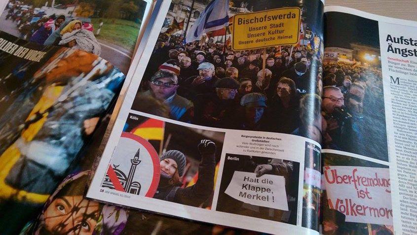 Un articol de luna trecută, din săptămânalul Der Spiegel, se intitulează „Revolta celor speriați”. Pe o pancartă scrie „Tacă-ți gura, Merkel!”.