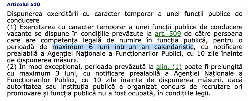Potrivit articolului 510 din Codul Administrativ, exercitarea cu caracter temporar a unei funcții publice de către o persoană se poate realiza pentru o perioadă de maximum șase luni într-un an calendaristic.