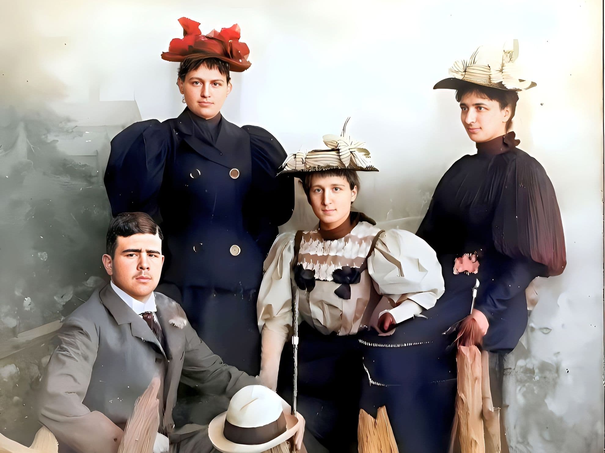Surorile Callimachi alături de fratele lor Jean. Reproducere colorizată de Gabriel Albulescu.