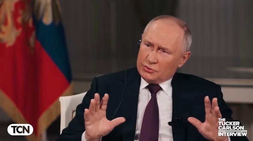 Din interviu n-au lipsit clasicele „NATO nu trebuia să se extindă”, „SUA provoacă”, dar și „eu m-am înțeles bine cu președinții americani”, deși Putin se referă, de fapt, la un singur președinte: George Bush Junior. Foto: captură Youtube