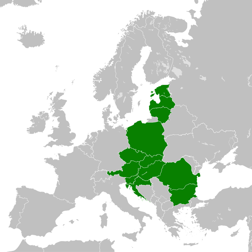 Țările participante la Inițiativa celor Trei Mări. <a target="_blank" href="https://en.wikipedia.org/wiki/Three_Seas_Initiative#/media/File:Three_Seas_Initiative.svg" target="_blank" rel="noreferrer noopener">Ilustrație de JayCoop</a>