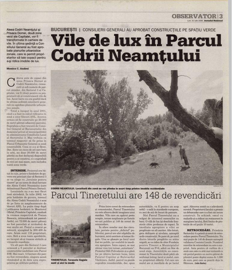 Articol din 2006 care descrie schema retrocedărilor ce a dus la distrugerea parcului. Captură din Jurnalul Național via Ziarele Arcanum