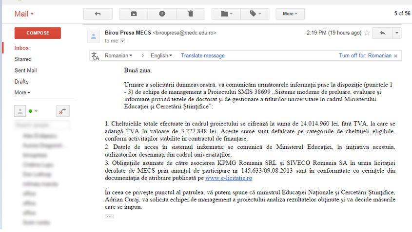 Așa arată răspunsul cu „detalii” legate de cheltuielile din proiect.