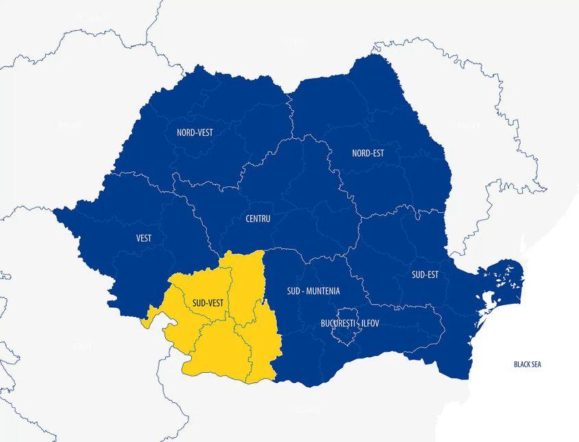Harta județelor parte din Regiunea Sud-Vest Oltenia. Foto: Ministerul Investițiilor și Proiectelor Europene
