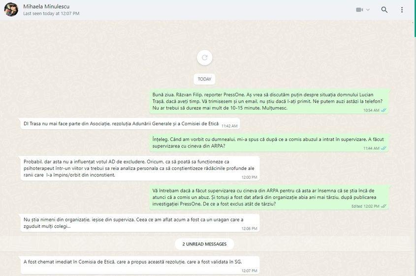 Șefa ARPA spune că nu știa nimeni din organizație despre abuzul comis de Lucian Trașă. Captură foto via WhatsApp