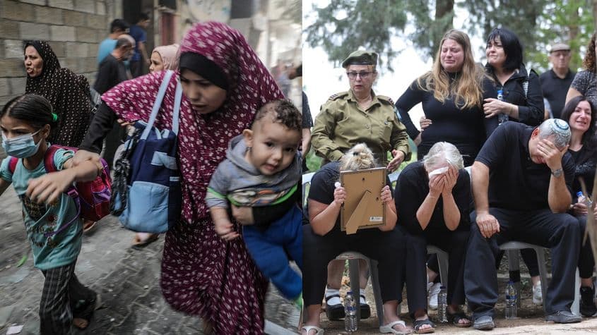 Foto: Fuga unei mame cu copii în Gaza, EPA/Mohammed Saber; Înmormântare Israel în urma atacurilor teroriste: EPA/Abir Sultan