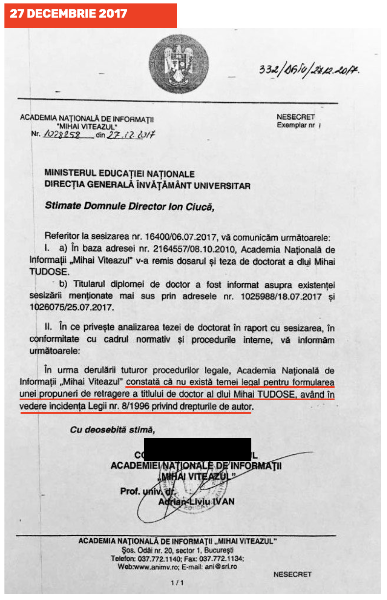 La jumătate de an după ce propria Comisie de Etică a emis verdict de plagiat pentru teza lui Mihai Tudose, Senatul Academiei SRI invalidează hotărârea acesteia