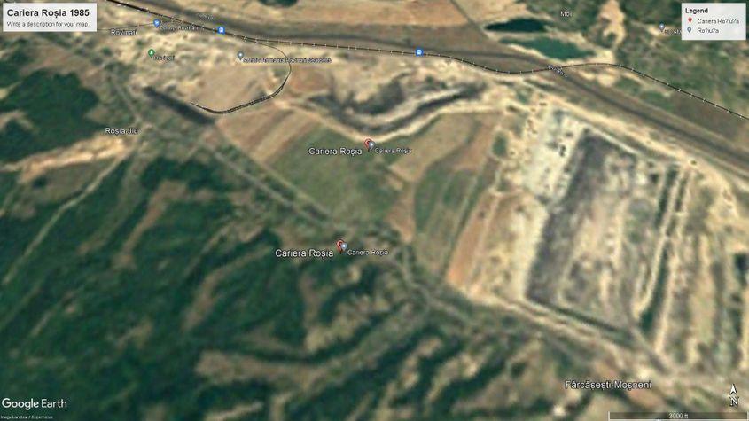 The Roșia quarry is the second largest quarry in Romania, with an area of over 1400 ha. This is what the quarry perimeter looked like in 1985, according to Google Earth images
