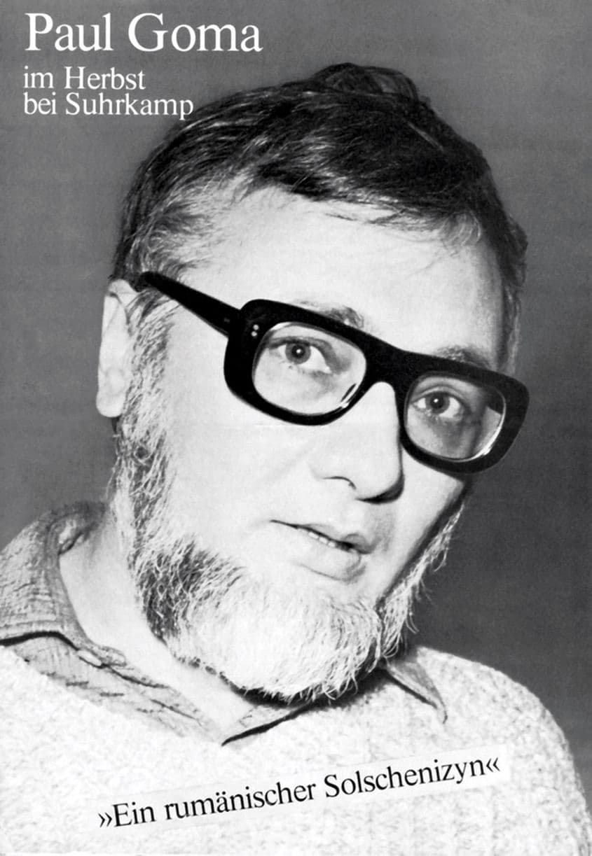 Pliantul din 1971 al editurii germane Suhrkamp pentru lansarea volumului „Ostinato”, cu mențiunea „Un Soljenițîn român”.