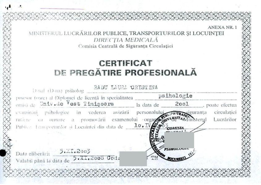 Un certificat de pregătire profesională din 2003 arată că Laura Pătruț deținea treapta III de specializare în psihologia transporturilor la două luni după susținerea licenței.