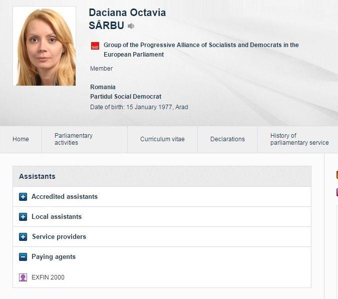 Captură de pe site-ul Parlamentului European. Firma Exfin 2000 apare la rubrica „Paying agents”.