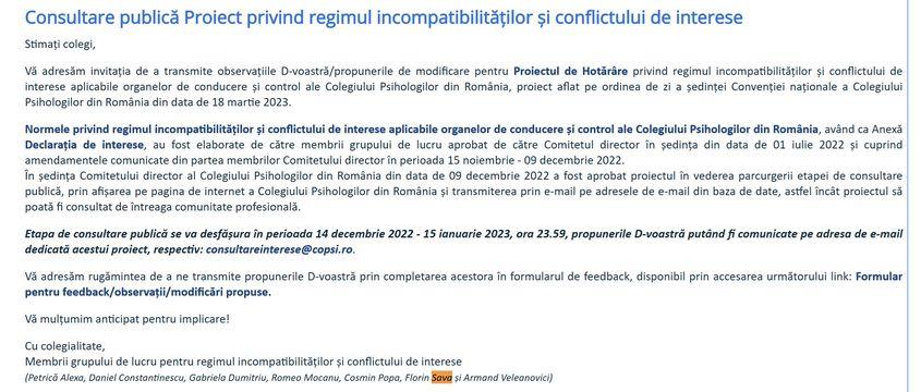 Florin Alin Sava a făcut parte din grupul de lucru care a modificat regulamentul de ordine interioară al Colegiului, privind regimul incompatibilităților și conflictul de interese, în 2023.