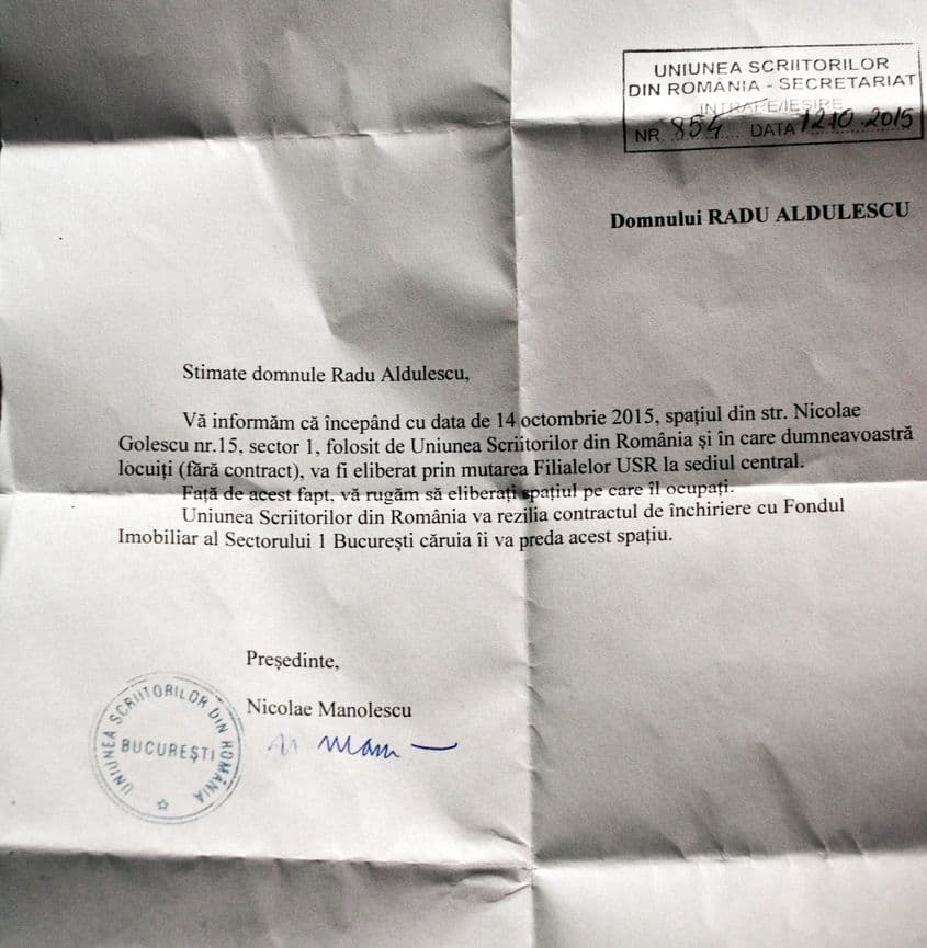Adresa semnată de președintele USR prin care i se cere să „elibereze spațiul”.