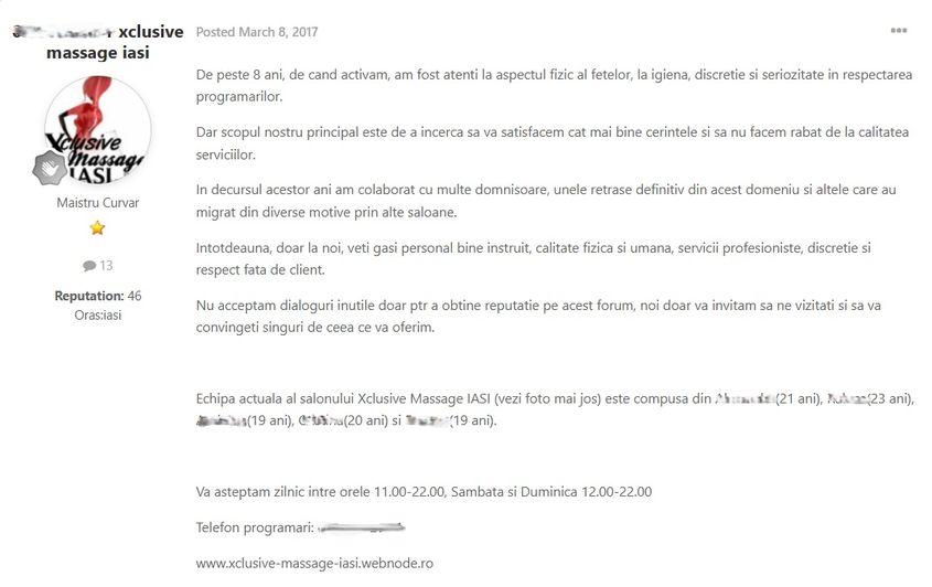 Patronul salonului din Iași, acuzat de DIICOT pentru proxenetism, avea cont pe forum și posta frecvent poze cu fetele pe care le exploata. Captură de ecran via Nimfomane Forum