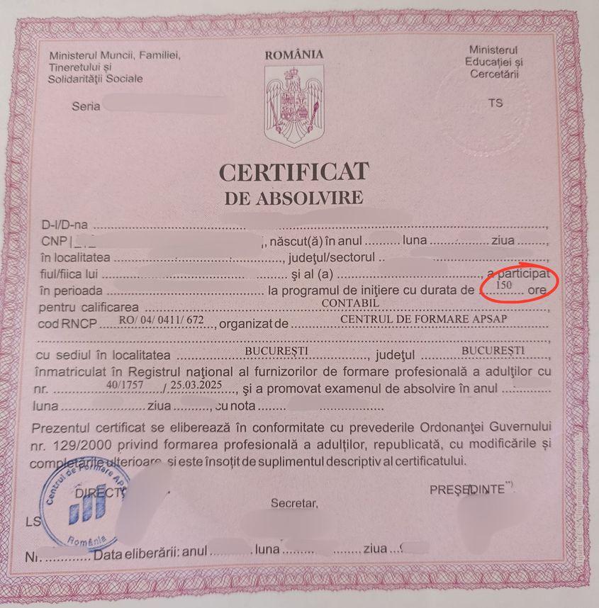 Certificatul de absolvire eliberat absolvenților APSAP, care menționează 150 de ore de pregătire pentru calificarea "contabil"
