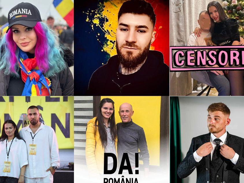 Doar câțiva dintre influencerii pro-AUR găsiți de noi. De la stânga la dreapta: Mihaela Dragomir, Mario Bănică, Natalia Maior, Alexia Teodorescu, Florin Lighici, Petronela Rădulescu și Daniel Boicu. Surse foto: Facebook și TikTok