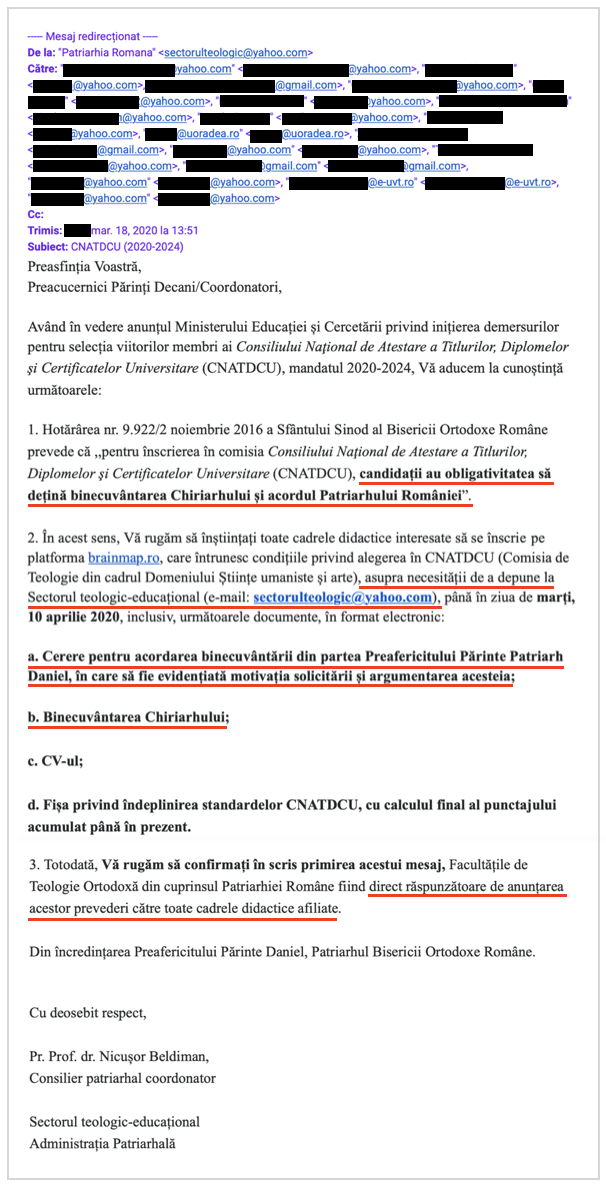 Pentru a obține binecuvântarea, universitarii din facultățile de teologie ortodoxă care vor să devină membri CNATDCU sunt obligați să-și motiveze și argumenteze intenția de a participa la procesul de selecție