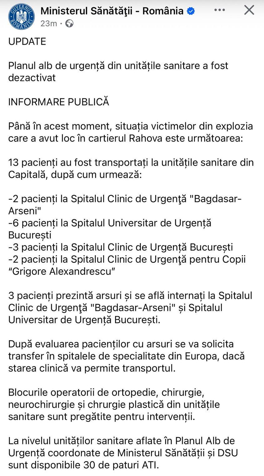 Planul alb de urgență din unitățile sanitare a fost dezactivat, anunță Ministerul Sănătății.