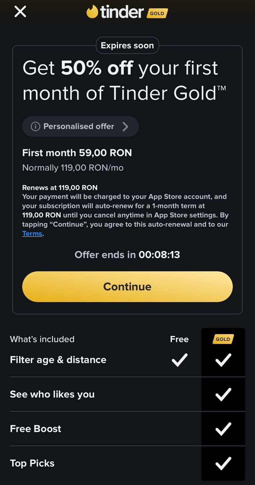 Pachetele Tinder variază între 60 de lei pe săptămână, până la 370 pentru jumătate de an. Este, în general, o aplicație mai scumpă față de celelalte alternative. Foto: PressOne