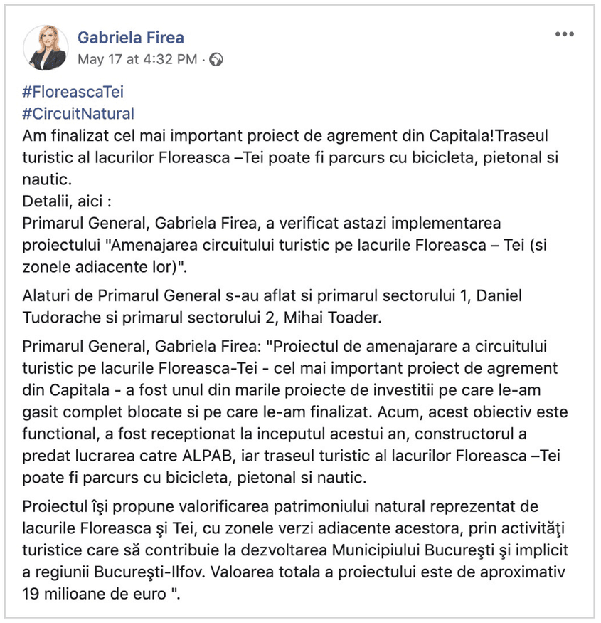 Postarea Gabrielei Firea din data de 17 mai 2019.