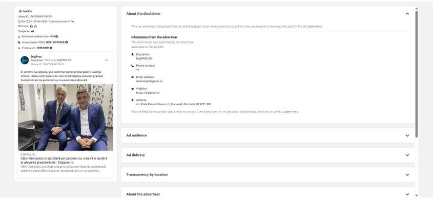 Digipres.ro este un site deținut de o apropiată AUR. Captură de ecran via Meta