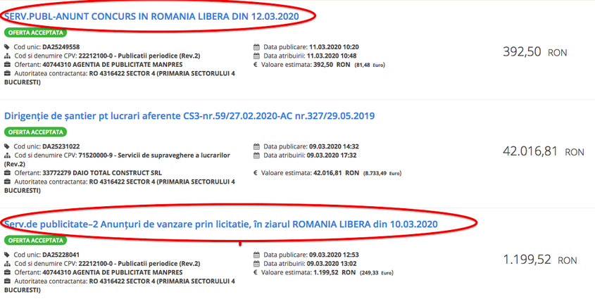 Două dintre serviciile media contractate de Primăria Sectorului 4 prin procedura de achiziție directă.