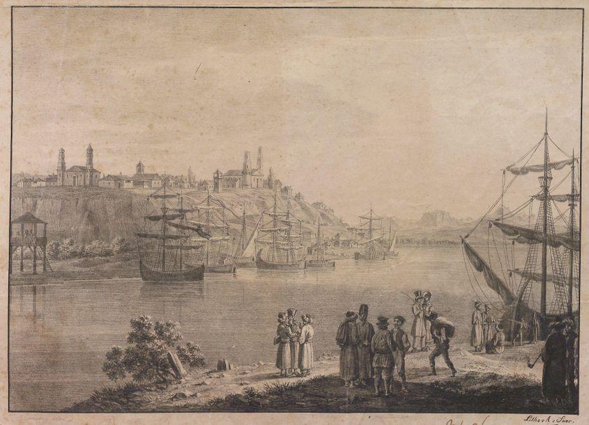 Galați, cca 1824, litografie de Alois von Saar după un desen de Erminy.