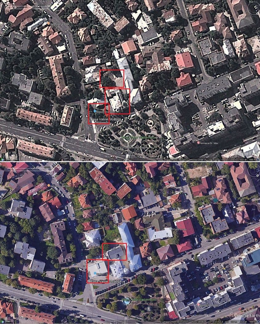 În decurs de 10 ani, în stânga și-n spatele Casei „Moangă” au apărut 2 blocuri, iar valoarea imobilului a crescut de 7 ori. Capturi de ecran via Google Earth (imaginea de sus e din 2012, cea de jos din 2022)
