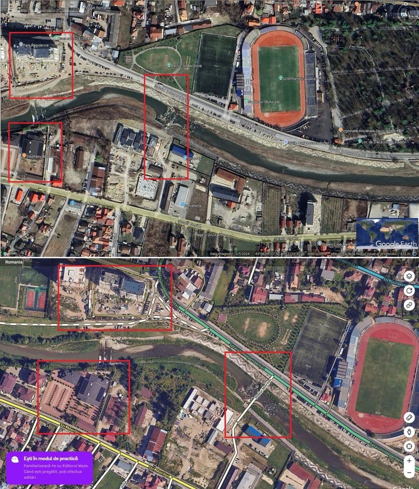 În mai puțin de un an, între cele două afaceri ale familiei Gutău a răsărit un pod construit cu bani publici. Capturi de ecran via Google Earth și Waze