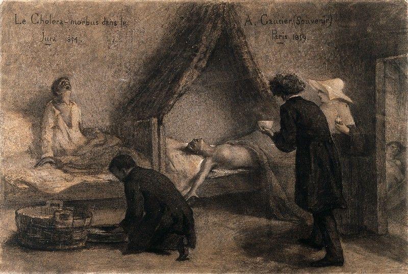 Pacienți suferinzi de holeră în timpul epidemiei din Jura, 1854. Desen în creion de A. Gautier, 1859.