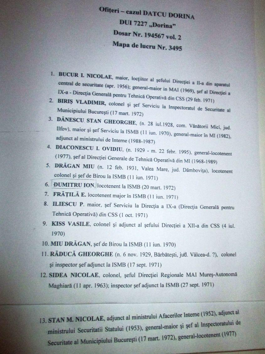Numele și funcțiile celor care s-au ocupat de cazul elevei Dorina Datcu.