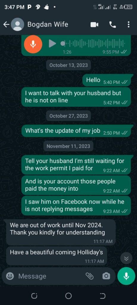 Un print screen din conversațiile femeii din Nigeria cu soția lui Bogdan Poto