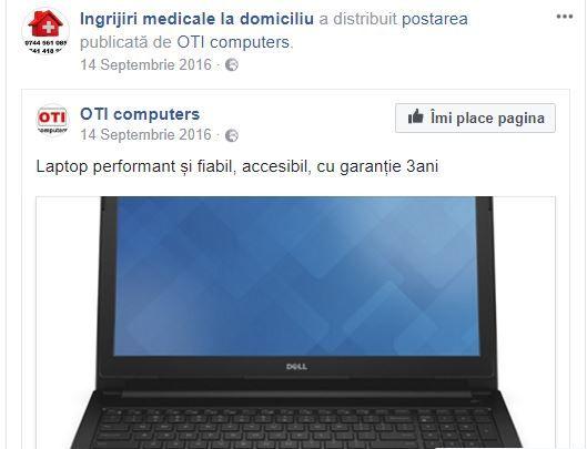 Pe contul de Facebook al firmei de îngrijiri, printre servicii medicale se strecoară și oferte speciale: laptopuri, de exemplu. Sursa foto: Facebook