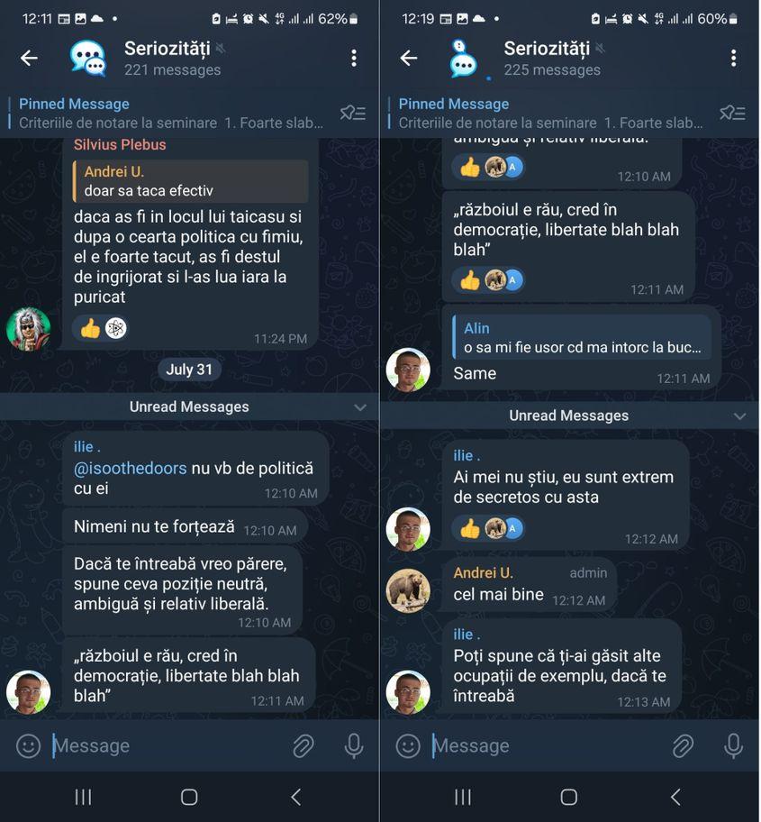 Deși apare cu fața în mai multe clipuri de pe Youtube și Instagram, Ilie nu vrea ca părinții lui să-i știe convingerile politice. Capturi de ecran via Telegram