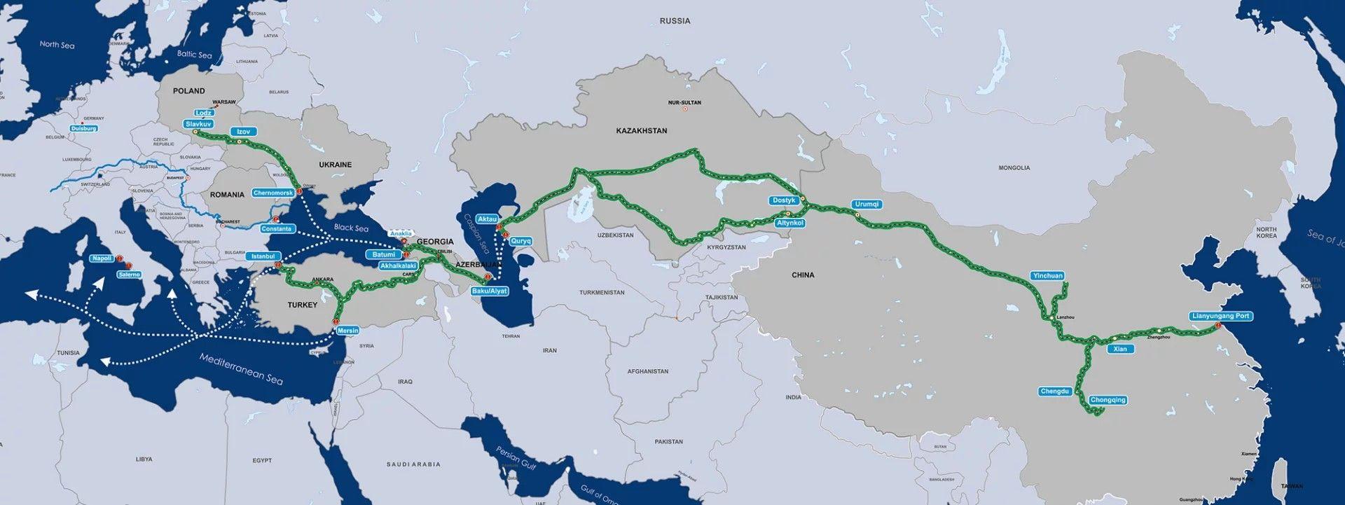 Turcia are o poziție centrală în bifurcațiile rutei Trans-Caspice care pornește din estul Chinei, traversează Kazahstanul, marea Caspică, Azerbaijanul, Georgia, apoi continuă spre inima Europei. Sursa foto: <a target="_blank" rel="noreferrer noopener" href="https://middlecorridor.com/en/route" target="_blank">Trans-Caspian International Transport Route</a>