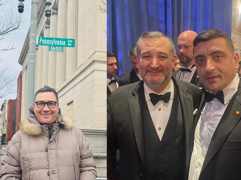Deși-n emisiunea lui Tucă se lăuda că zburat în America pentru a face networking, Ponta apare singur în mai toate pozele făcute la Washington. De cealaltă parte, Simion s-a pozat cu Ted Cruz și alți „grei” ai Partidului Republican. Surse foto: paginile de Facebook și Twitter ale celor doi politicieni