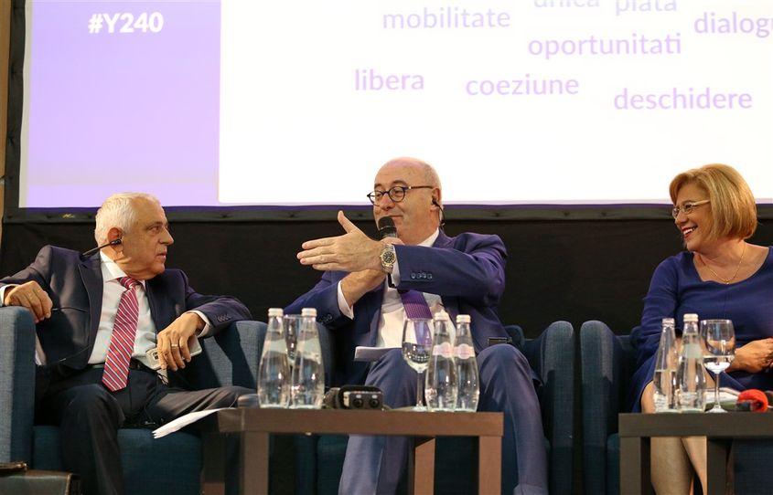 Ministrul Petre Daea, alături de comisarii europeni Phil Hogan și Corina Crețu, la dezbaterea organizată în septembrie de Facultatea de Studii Europene a UBB Cluj. Foto: Dan Bodea / Transilvania Reporter