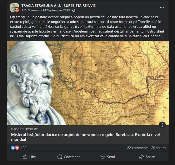 Ariana Tomescu, fondatoarea „Geții fideli”, are o problemă și cu maghiarii. Captură de ecran via Facebook